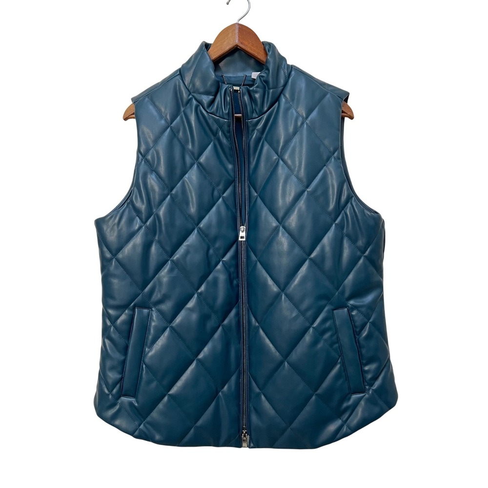 Chico's Teal Blue Faux Leather Quilted Puffer Vest Size 2 Large Mock‎ Neck